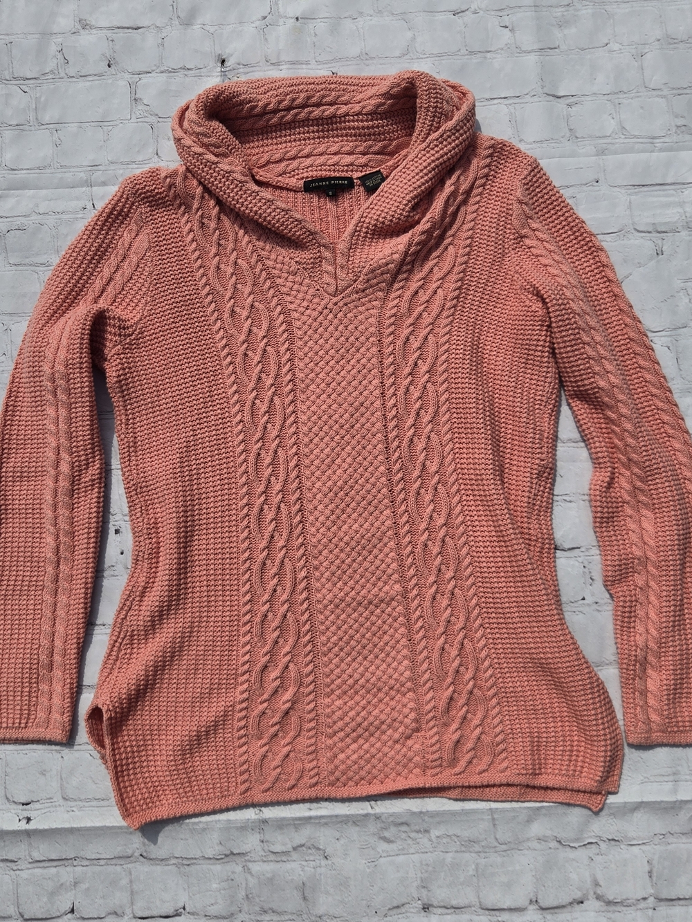 JEANNE PIERRE Coral Pink Cable-Knit Fisherman Sweater Shawl Neck Small